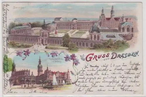 901098 Lithographie Ak Gruss aus Dresden - Zwinger, kath.-Hof-Kirche und Schloss