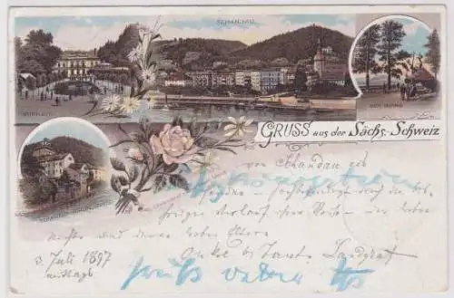 900338 Lithographie Ak Gruss aus der sächs. Schweiz - Schandau, der Brand 1897