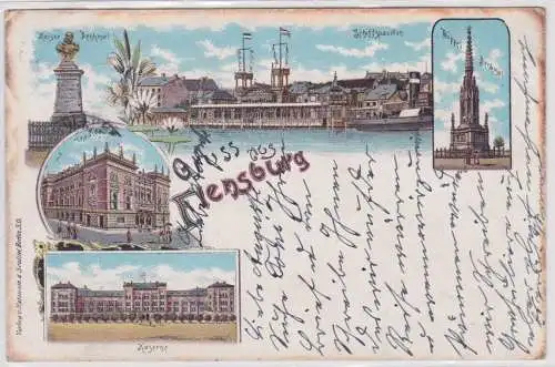 901721 AK Gruss aus Flensburg - Schiffspavillon, Kaserne, Theater, Denkmal 1899