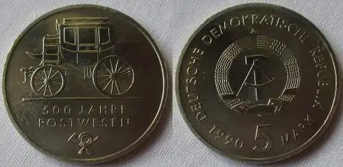 DDR Gedenk Münze 5 Mark 500 Jahre Postwesen 1990 Stempelglanz (157013)