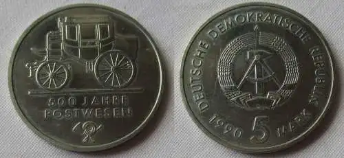 DDR Gedenk Münze 5 Mark 500 Jahre Postwesen 1990 Stempelglanz (156553)