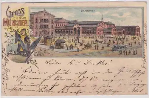 901587 AK Gruss aus München - Bahnhof mit Straßenbahn und Kutschen 1902