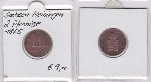 2 Pfennige Kupfer Münze Sachsen Meiningen 1865 (143343)