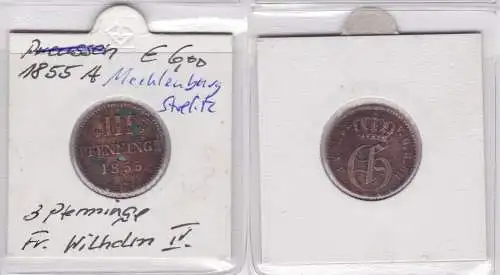 3 Pfennig Kupfer Münze Mecklenburg Strelitz 1855 A ss (145457)