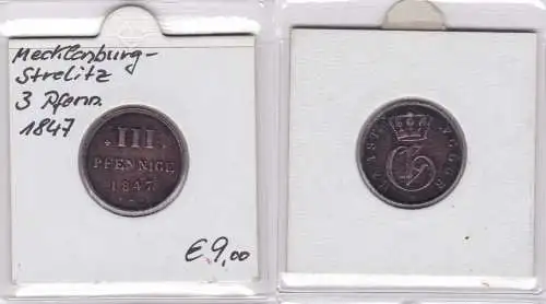 3 Pfennig Kupfer Münze Mecklenburg Strelitz 1847 ss (141794)