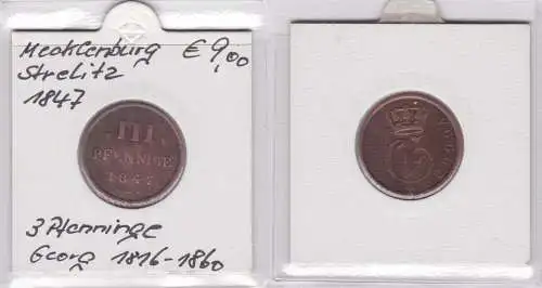 3 Pfennig Kupfer Münze Mecklenburg Strelitz 1847 ss+ (140441)