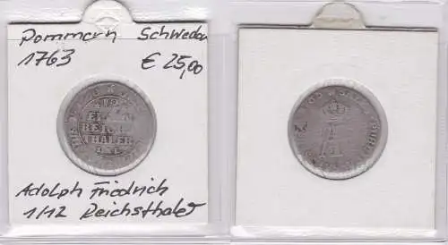 1/12 Taler Silber Münze Herzogtum Pommern unter Schwedischer Bes. 1763 (141680)