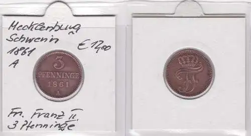 3 Pfennig Kupfer Münze Mecklenburg Schwerin 1861 A f.vz (146414)
