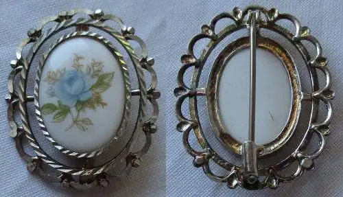 Elegante silberfarbene Brosche mit Porzellan Medaillon Blumenmotiv (132461)