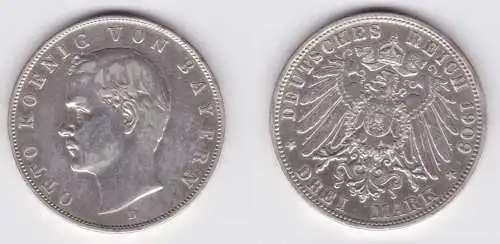 3 Mark Silber Münze Bayern König Otto 1909 D ss (132197)