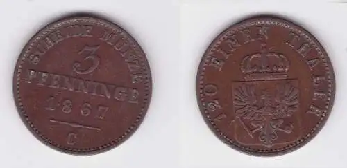 3 Pfennige Kupfer Münze Preussen 1867 C vz (135428)