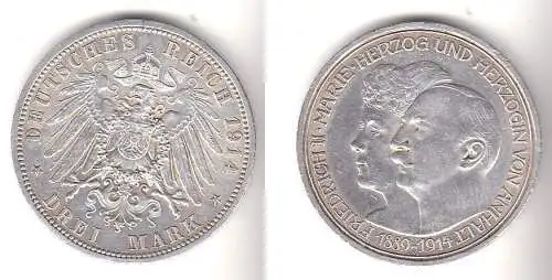 3 Mark Silbermünze Anhalt Silberhochzeit 1914 Jäger 24  (111475)