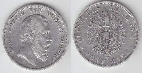 5 Mark Silbermünze Württemberg König Karl 1876 Jäger 173  (105687)
