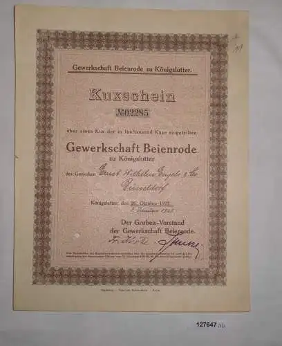 5000 Kux Kuxschein Gewerkschaft Beienrode zu Königslutter 26.Okt. 1923 (127647)