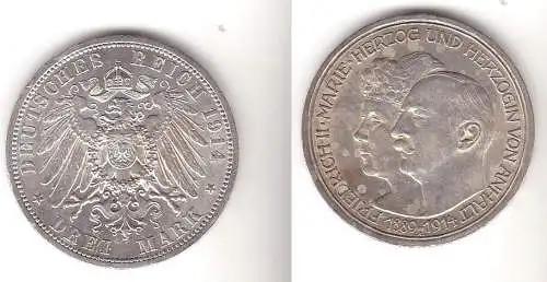 3 Mark Silbermünze Anhalt Silberhochzeit 1914 Jäger 24  (111539)