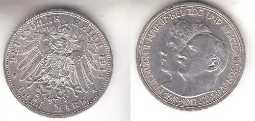 3 Mark Silbermünze Anhalt Silberhochzeit 1914 Jäger 24  (111549)