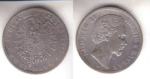 2 Mark Silbermünze Bayern König Ludwig II 1877 Jäger 41  (111702)