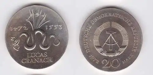DDR Gedenk Münze 20 Mark Lucas Cranach 1972 Silber Stempelglanz (128506)