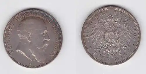 5 Mark Silbermünze Baden Großherzog Friedrich 1904 Jäger 33 ss (149923)