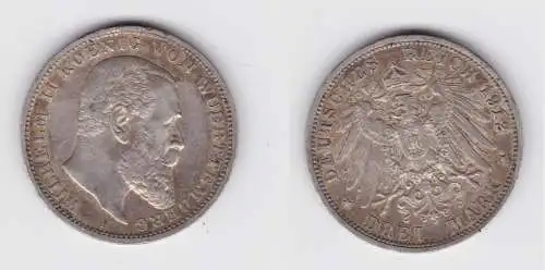 3 Mark Silber Münze Wilhelm II König von Württemberg 1912 f.vz (142126)