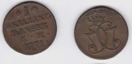 1 Skilling Kupfer Münze Dänemark 1771 K.M. ss (134124)