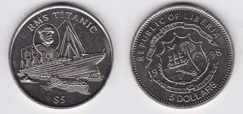 5 Dollar Nickel Münze Liberia 1998 RMS Titanic Stempelglanz (121939)