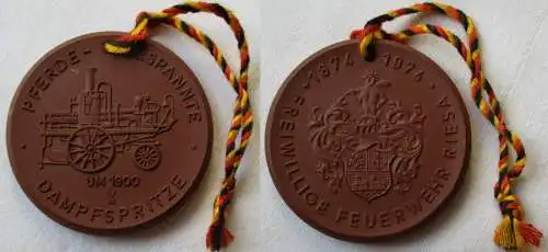 DDR Porzellan Medaille 100 Jahre Freiwillige Feuerwehr Riesa 1874-1974 (149539)