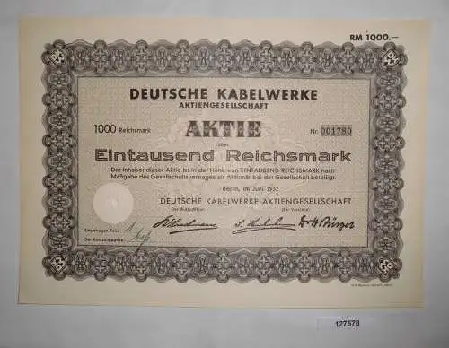 1000 Mark Aktie Deutsche Kabelwerke Berlin Juni 1932 (127578)