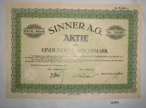 100 Reichsmark Aktie Sinner AG Karlsruhe-Grünwinkel 31. Dezember 1926 (127872)