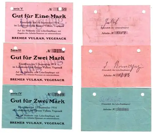 3 Banknoten Lohnschecks der Bremer Vulkan Werft Vegesack 1914 (111567)