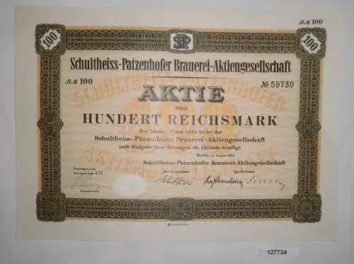 100 Mark Aktie Schultheiss Patzenhofer Brauerei in Berlin August 1932 (127734)