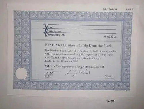 50 Mark Aktie Valora Vermögensverwaltung AG Karlsruhe Dezember 1987 (127878)