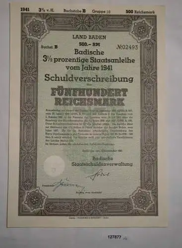 500 Reichsmark Schuldverschreibung Badische Schuldenverwaltung Sep.1941 (127877)