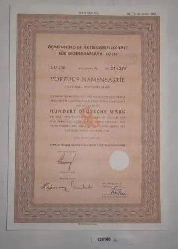 100 Mark Vorzugs-Namensaktie gemeinnützige AG für Wohnungsbau Köln 1955 (128166)