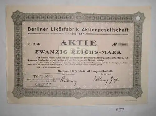 20 Mark Aktie Berliner Likörfabrik Aktiengesellschaft 19.September 1924 (127575)