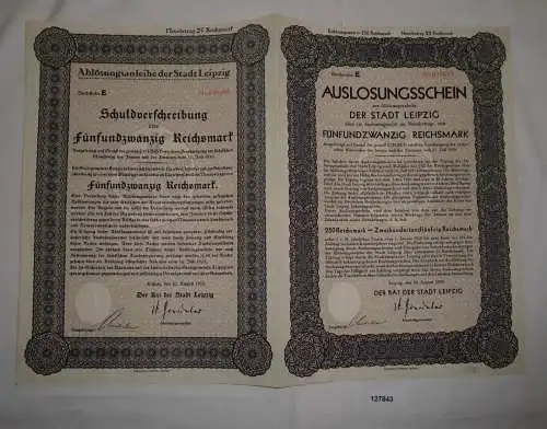 25 Reichsmark Auslosungsschein + Schuldverschreibung Stadt Leipzig 1930 (127843)