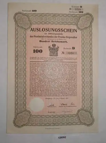 100 Reichsmark Auslosungsschein Provinzialverband Ostpreußen 1.Okt.1927 (128092)