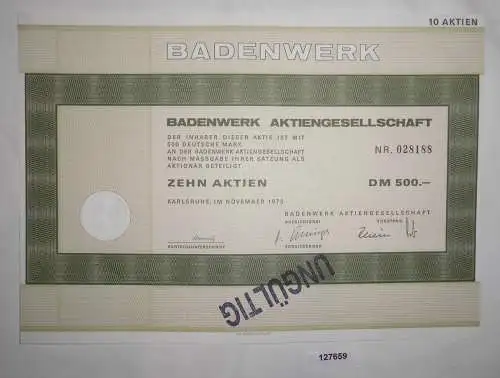 500 Mark Zehn Aktien Badenwerk AG Karlsruhe November 1973 (127659)