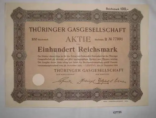 100 Reichsmark Aktie Thüringer Gasgesellschaft Leipzig 23. Dez. 1924  (127723)