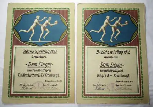2x Original Urkunden Bezirksspieltag Großzössen im Handballspiel 1932 (125417)