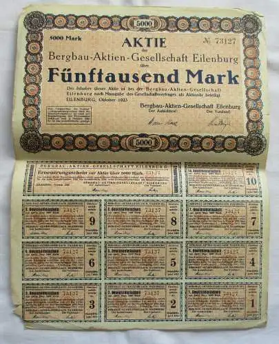 5.000 Mark Aktie Bergbau-Aktien-Gesellschaft Eilenburg Oktober 1923 (146838)