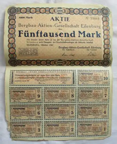 5.000 Mark Aktie Bergbau-Aktien-Gesellschaft Eilenburg Oktober 1923 (146837)
