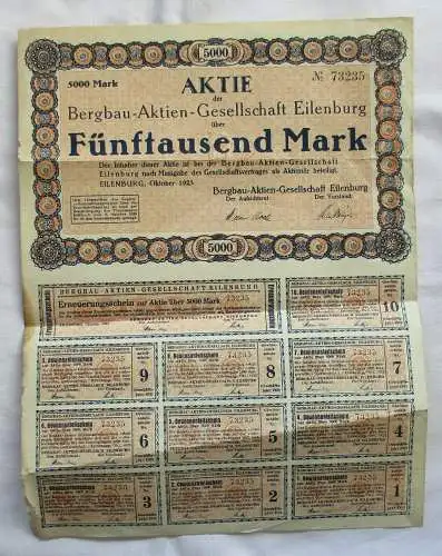 5.000 Mark Aktie Bergbau-Aktien-Gesellschaft Eilenburg Oktober 1923 (147237)