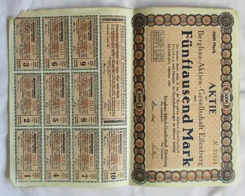 5.000 Mark Aktie Bergbau-Aktien-Gesellschaft Eilenburg Oktober 1923 (146826)