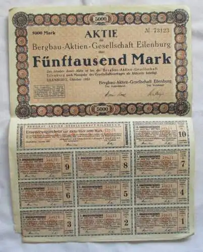 5.000 Mark Aktie Bergbau-Aktien-Gesellschaft Eilenburg Oktober 1923 (146825)