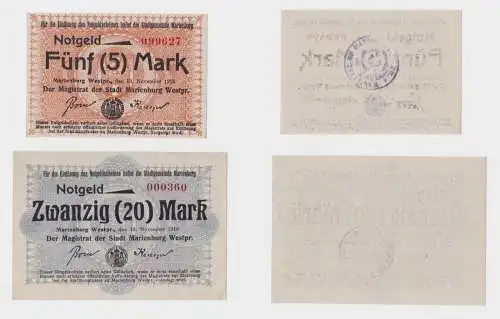 5 & 20 Mark Banknoten Notgeld Stadtgemeinde Marienburg 13.11.1918 (135525)