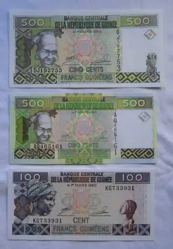 3 Banknoten 100 bis 2 x 500 Francs Republique de Guineé kassenfrisch (115766)