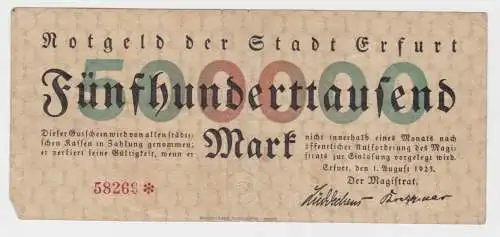 500000 Mark Banknote Inflation Stadt Erfurt 01.08.1923 (137980)