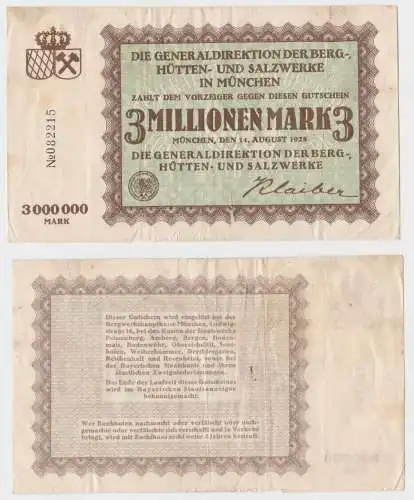 3 Millionen Mark Banknote München Berg, Hütten und Salzwerke 14.08.1923 (126284)
