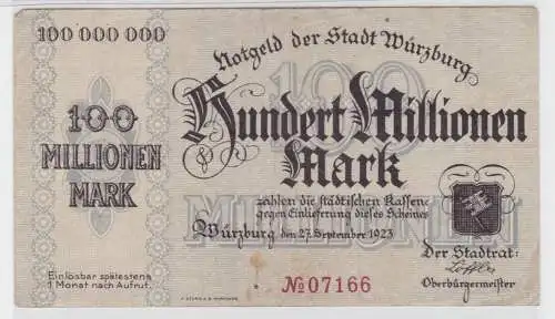 100 Millionen Mark Banknote Stadtrat Würzburg 27.9.1923 (138059)